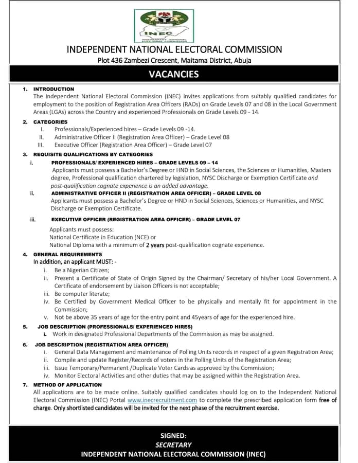 Inec Recruitment - Jobs/Vacancies - Nigeria